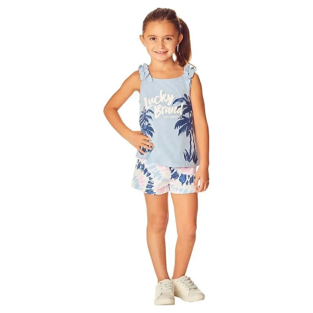 NWT 🍀 Lucky Brand Girls 2-piece Summer Top and Short Set in Blue Multi